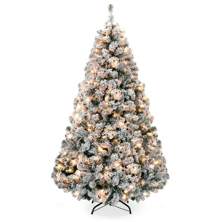 Best Choice Products 7.5ft Pre-Lit Snow Flocked Hinged Artificial Christmas Pine Tree Holiday Decor with 550 Warm White