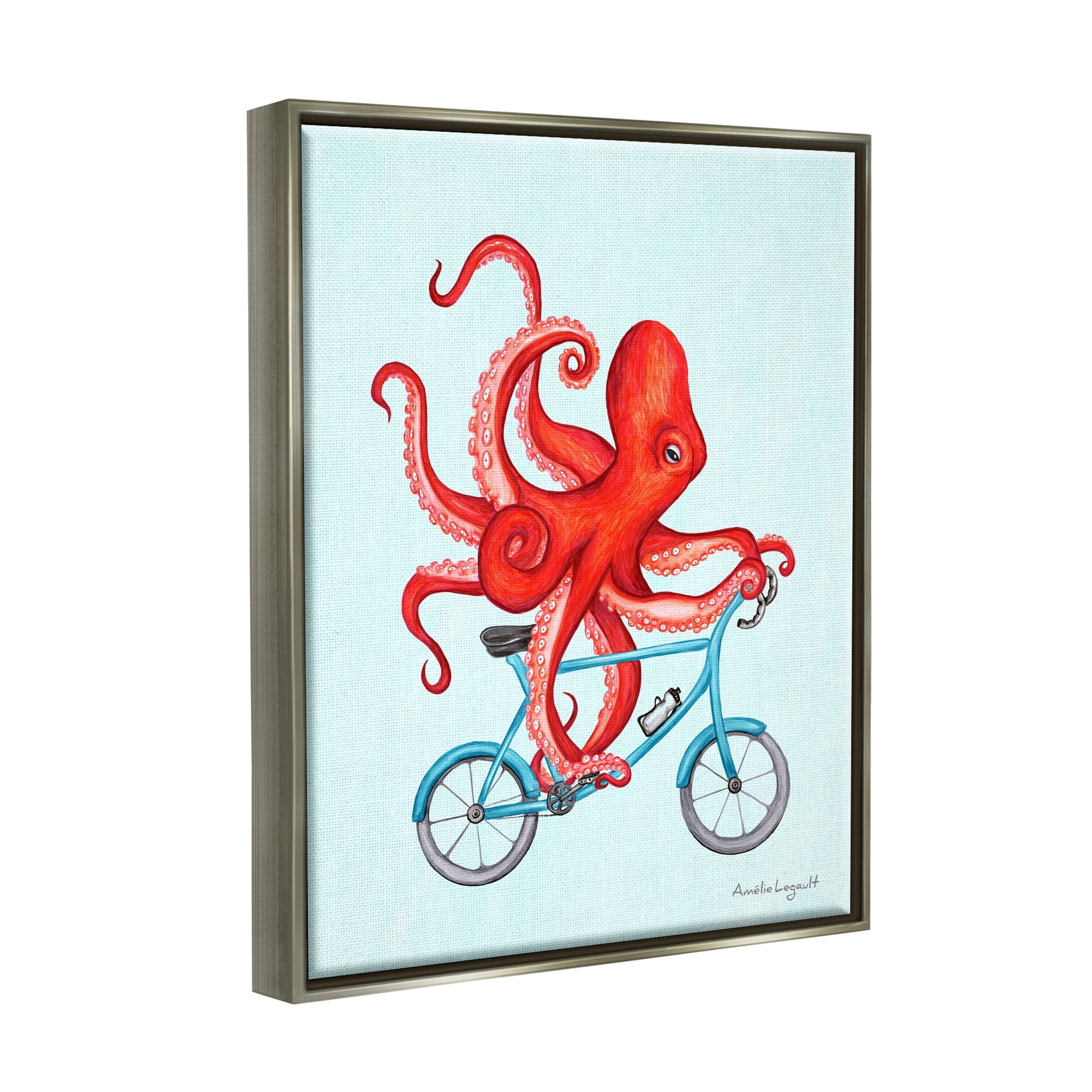 Stupell Industries Red Octopus Tentacles Riding Blue Bike Bicycle Graphic Art Luster Gray Floating Framed Canvas Print Wall Art, Design by Amelie Legault