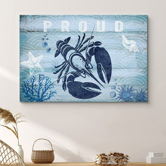 PixonSign Canvas Print Wall Art Proud Lobster Print with Starfish Amphibians Ocean Illustrations Modern Art Nautical Colorful Blue Ultra for Living Room, Bedroom, Office - 16"x24"