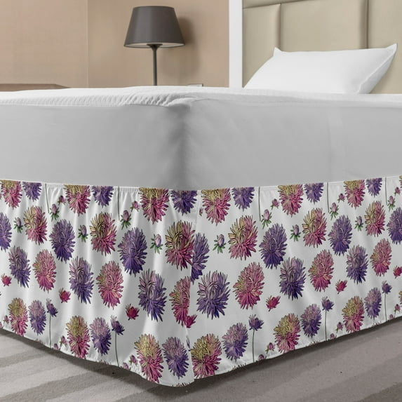 Floral Bed Skirt, Hand Drawn Like Aster Flowers Drawing Repetitive Print on a Plain Background, Elastic Bedskirt Dust Ruffle Wrap Around for Bedding Decor, 4 Sizes, Violet Pink Cream, by Ambesonne