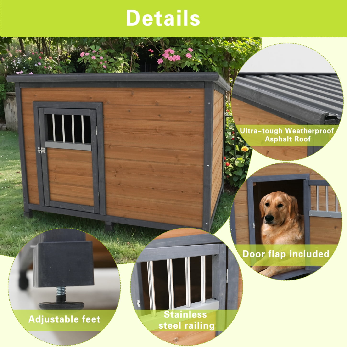 44.2" Wooden Dog House, Outdoor and Indoor Large Kennel with Elevated Feet and Breathable Wooden Doors, Weatherproof Solid Wood Doghouse for Small Large Dog