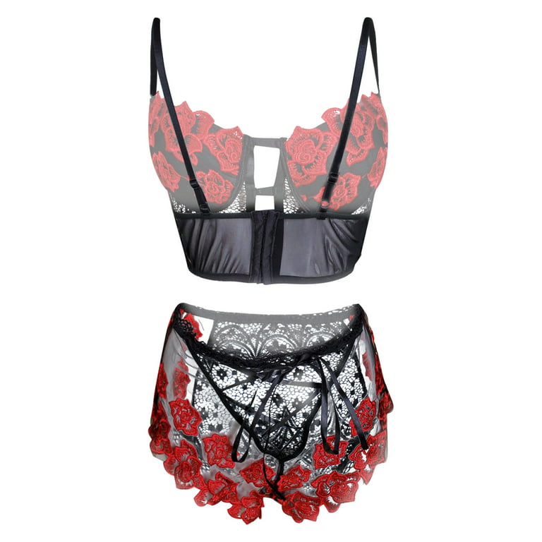 XOUVY Sexy Hollow Women Underwear Sets Embroidery Deep V Lace Bra