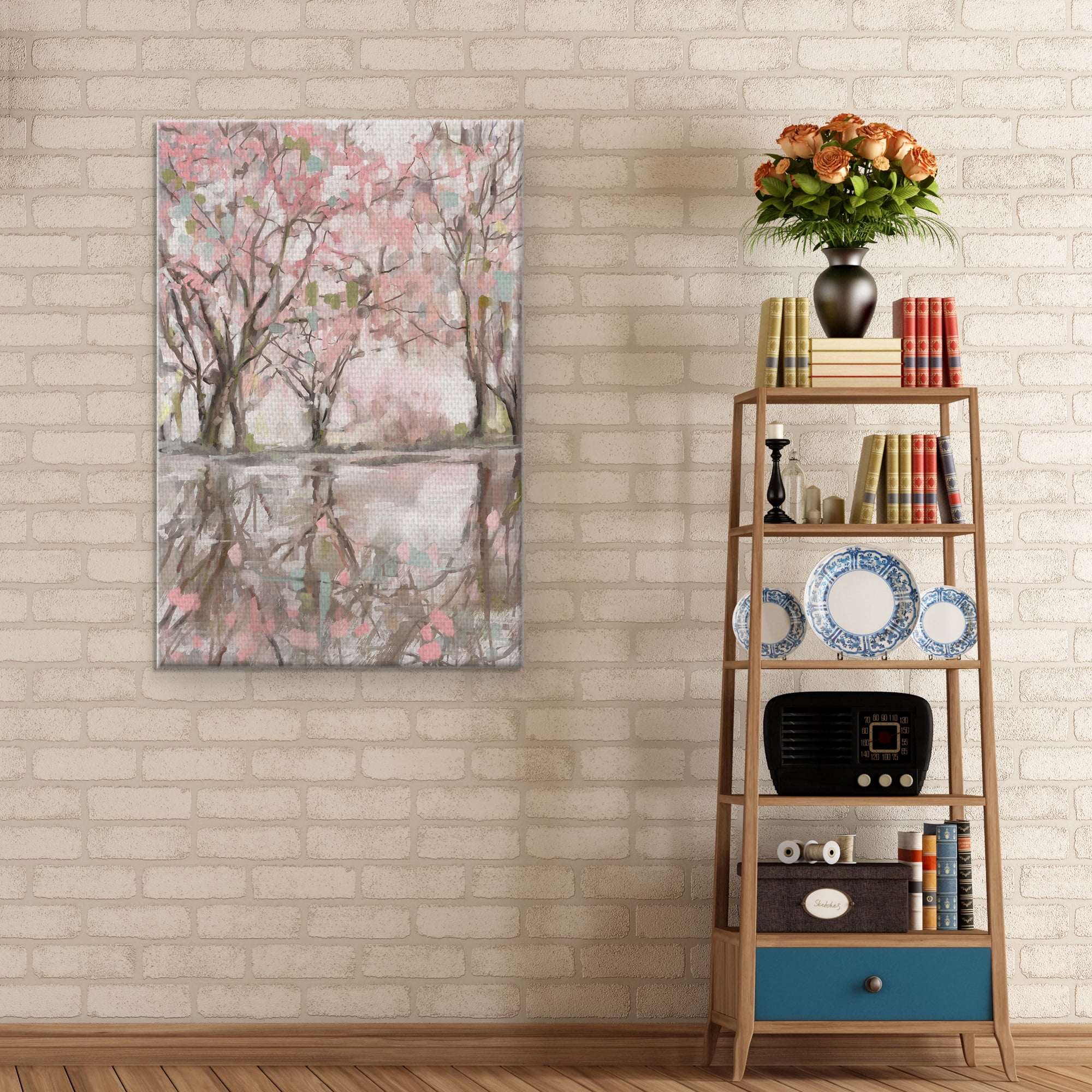 Masterpiece Art Gallery Pink Blossom Reflection Lake & Trees By Studio Arts Canvas Art Print 24" x 36"