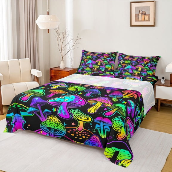 Feelyou Neon Glowing Mushroom Full Size Sheets, Mystic Stars Galaxy Bed Sheets,Teens Kids Boys Girls Sheet Sets, Luxury Bedroom Decor, 4-Piece