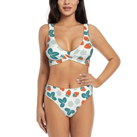 Bathing Suit For Women  Cute Strawberry Light Blue Flower High Waisted Bikini Set Bathing Suit Cross Lace Up Swimsuit