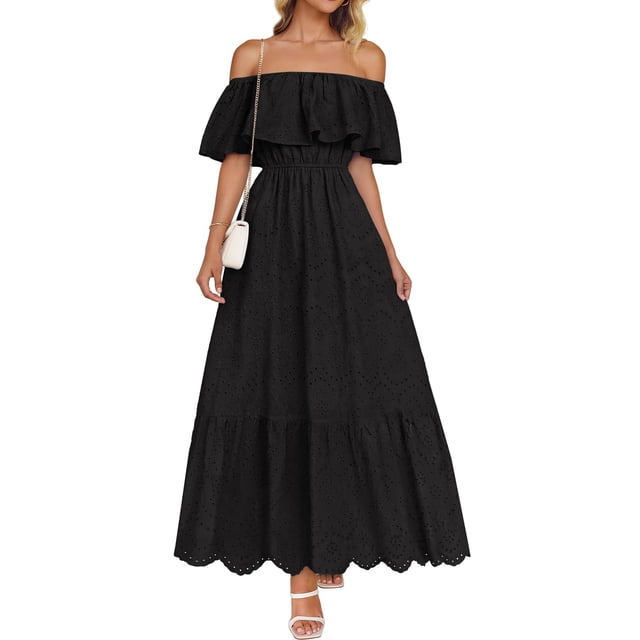 Vestido ZESICA 2025, de verano, con hombros descubiertos, bordado con volantes, negro