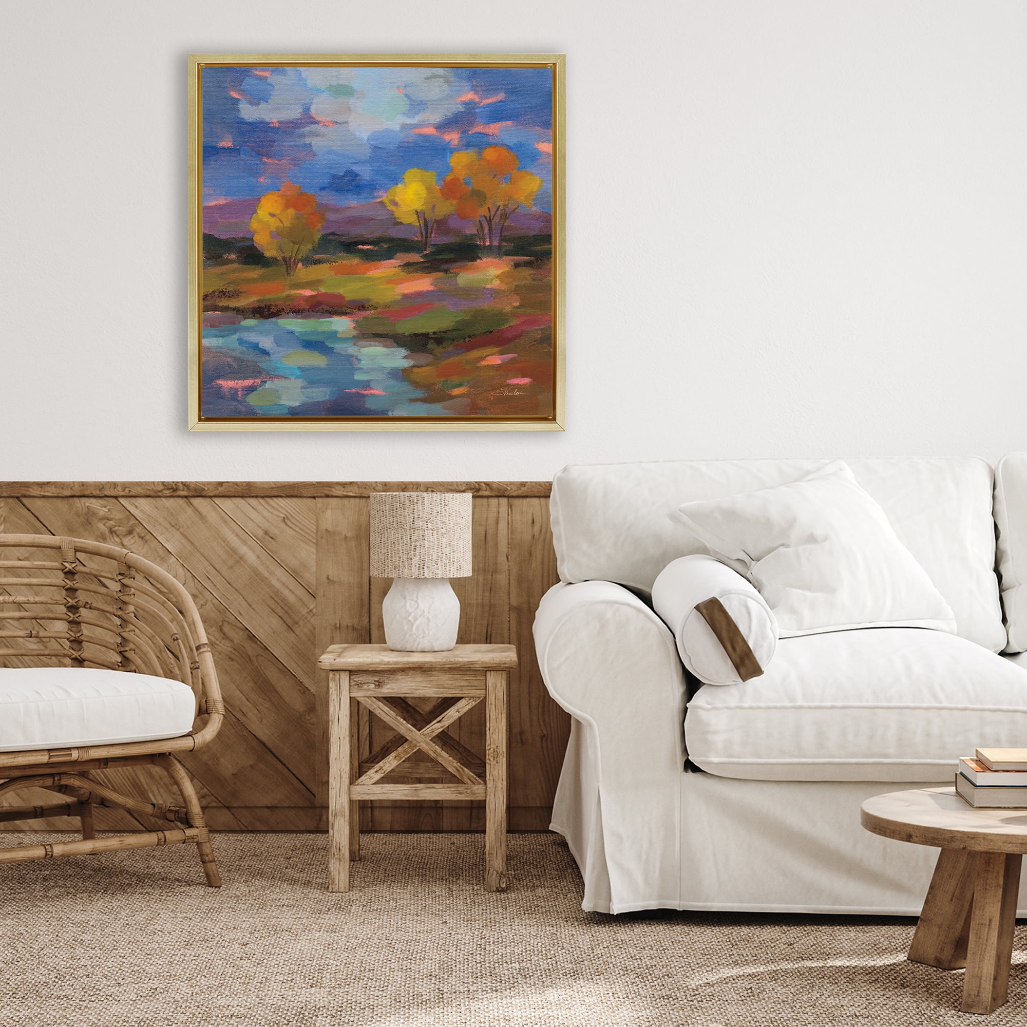 Stupell Industries October Glow Lakeside Reflection Gold Framed Floater Canvas Wall Art, design by Silvia Vassileva