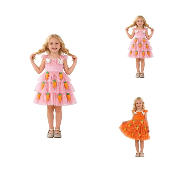 Easter Dress for Girls Bunny Applique Tutu Party Gown With Flutter Sleeves and Carrot Girls Dresses for Spring Holiday Birthday Party Celebration
