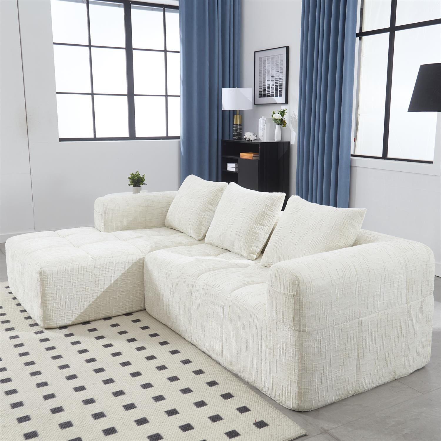 Demi Bonn 98" L-Shaped Modular Sectional Sofa with Chaise, Side Pockets, Modern Comfort Couch, Compression-Free Installation for Living Room, White