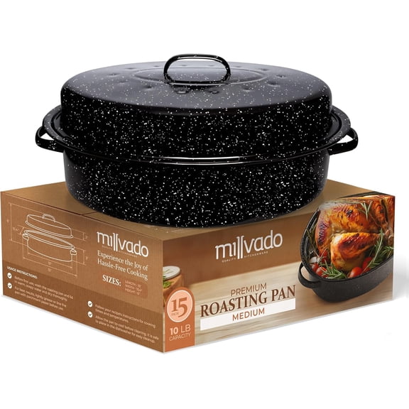 Granite Roasting Pan, 10 lb Capacity Turkey Roasting Pan with Lid, 15" Granite Oven Roaster Oval Shaped Speckled Enamel on Steel Cookware