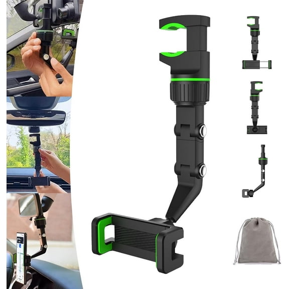 Wuzutech Car Phone Holder, Wuzutech Rear View Mirror Car Phone Holder, 360 Degree Cars Phones Holders Rearview Mirror with Telescopic Function, Strong Compatibility, Quick Installation (Green)