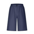 thumbnail image 4 of RYRJJ Cotton Linen Bermuda Shorts for Women Summer Casual Knee Lenght Shorts Button Elastic Waist Wide Leg Short with Pockets(Navy,L), 4 of 6