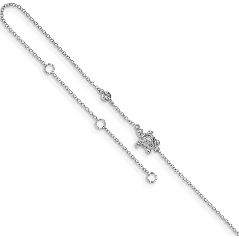 Sterling Silver Rhodium-Plated CZ Turtle With 2in Ext Anklet Sterling Silver Rhodium-Plated CZ Turtle With 2in Ext Anklet