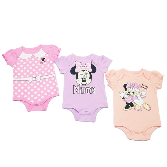 Disney Clothes Baby Girls 3-Pack Bodysuits – Minnie Mouse Short Sleeve Outfit Set (Pink/Purple) – 0/3M