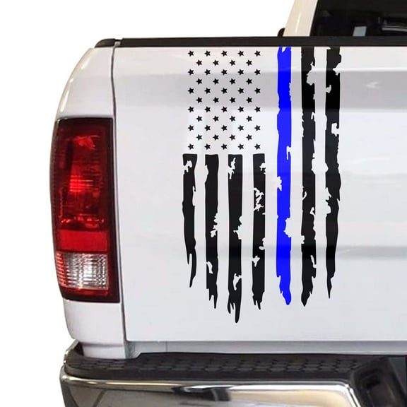 Distressed Thin Blue Line Flag Police Officers Law Enforcement Flag USA US Sticker Truck Tailgate Vinyl Decal Compatible with most Pickup Trucks Respect & Honor Flag (11" x 20", Black & Blue)