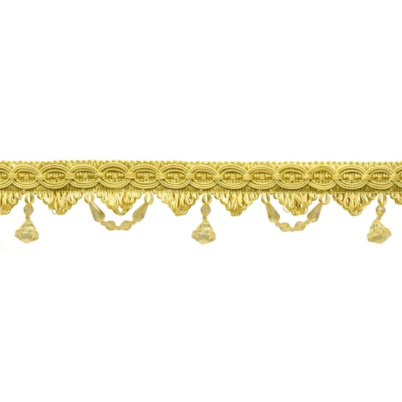 3" (7.5cm) Beautiful Beaded Fringe Trim with Fancy Gimp Header # BF300,, Light Gold #B7 (Light Yellow Gold) Sold By The Yard (36"/3 ft/0.9m)