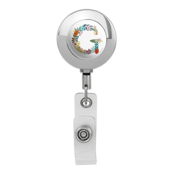 Letter G Floral Monogram Initial Retractable Reel Premium Metal Chrome Badge ID Card Holder Clip