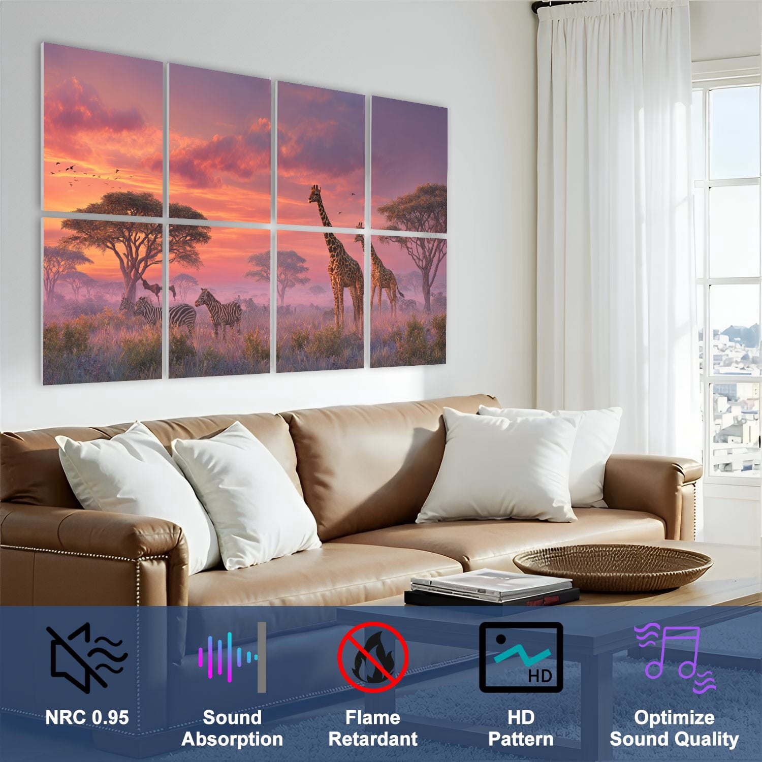 8 Pack Art Acoustic Panels Sound Absorbing Savanna Sunrise Giraffes Zebras Lions Decorative Soundproof Wall Panels Self Adhesive for Nursery Game Room Bedroom 48"x32"
