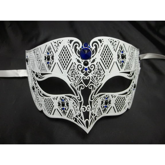 White Blue Diamond Design Masquerade Metal Filigree Mask Men