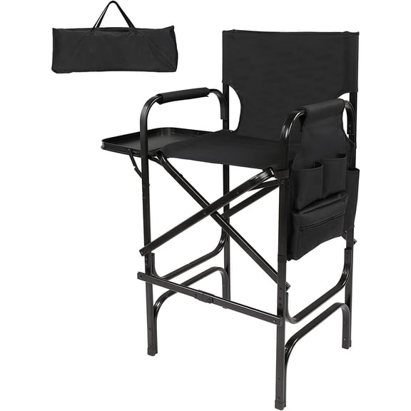 30" Tall Directors Chair Black Folding with Side Table Storage Bag,Portable Makeup Artist Bar Height, Aluminum Frame 300 lbs Capacity, 19.2" D x 23.6" W x 45.6" H