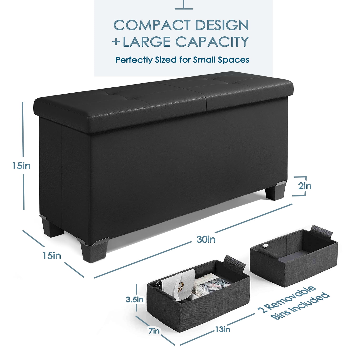 Nestl Faux Leather Ottoman Storage Bench ,30" Bench, Black