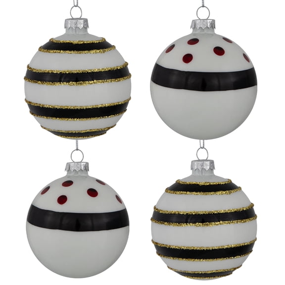 Northlight Shiny Finish Striped Christmas Glass Ball Ornaments - 3" (80mm) - White and Black  - Set