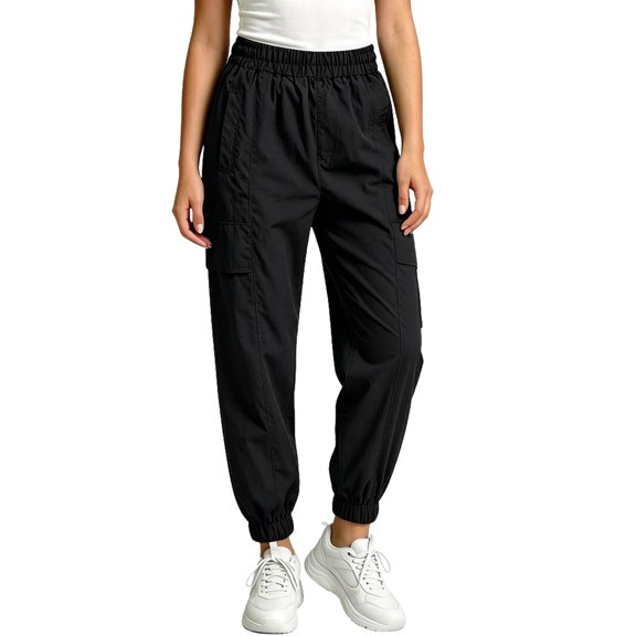 Gamviast Cargo Joggers for Kid Girls High Waisted Elastic Drawstring Utility Trousers with Large Side Pockets Casual Loose Fit Athletic Streetwear Pants for Hiking Black 14-15Years