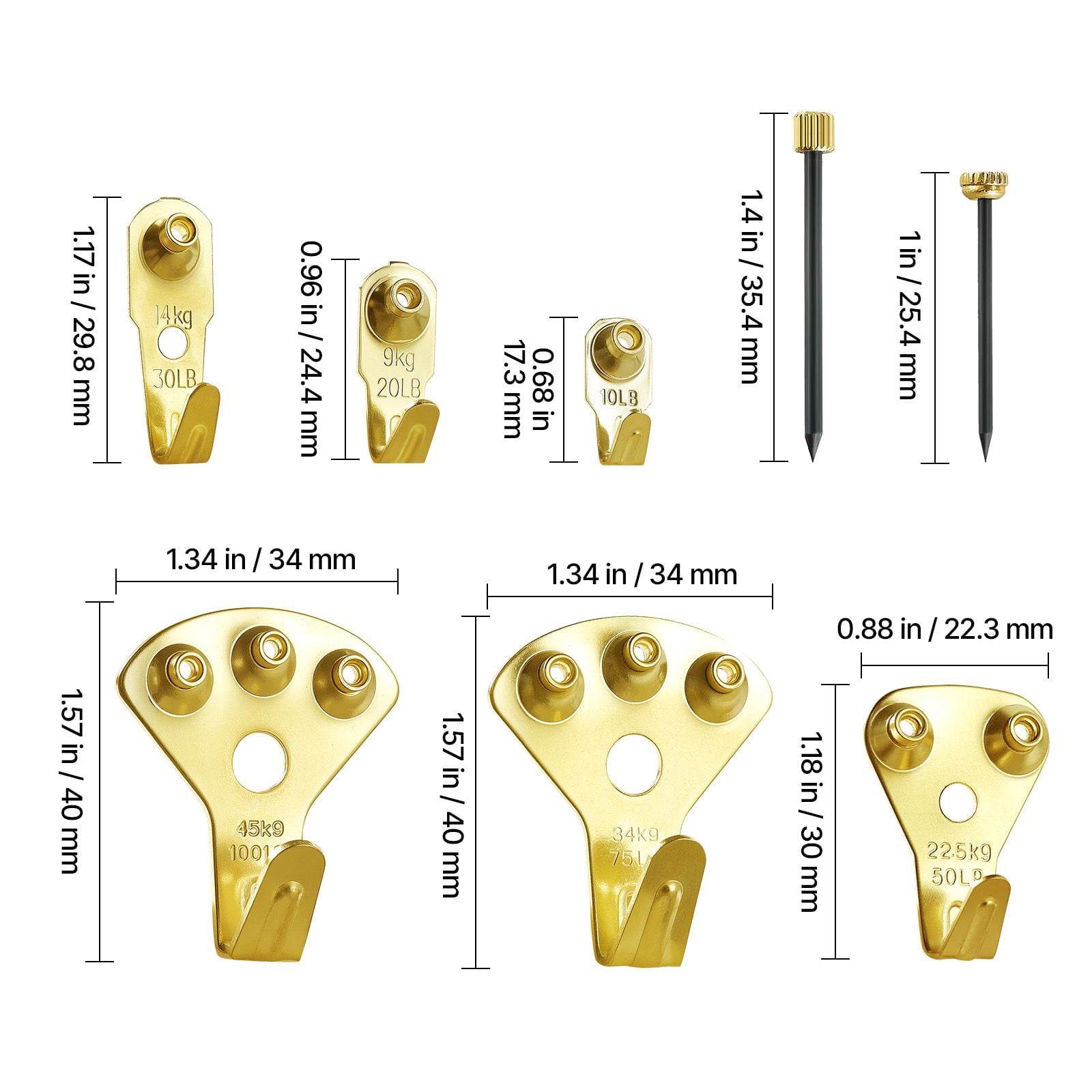 130-Piece Picture Hanging Kit, 10-100lb Metal Hooks with Nails for Mirror, Painting, Photo Frame, Drywall & Wood Wall, Gold