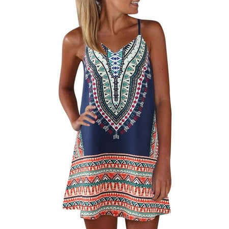 Print Vintage Dress - Womens Sundress Spaghetti Strap Vintage V-Neck Floral Printed Bohemian Mini Dress