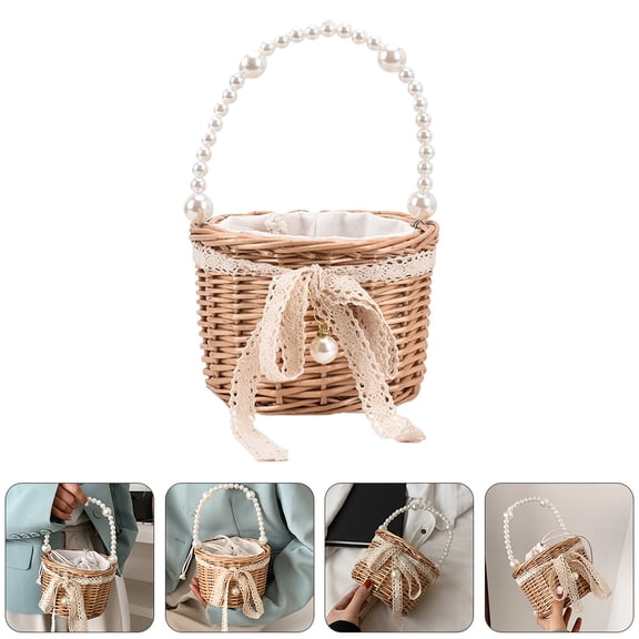 Supvox Handwoven Round Rattan Purse Straw Bucket Bag Khaki 1Pcs Casual Storage for Women Beach