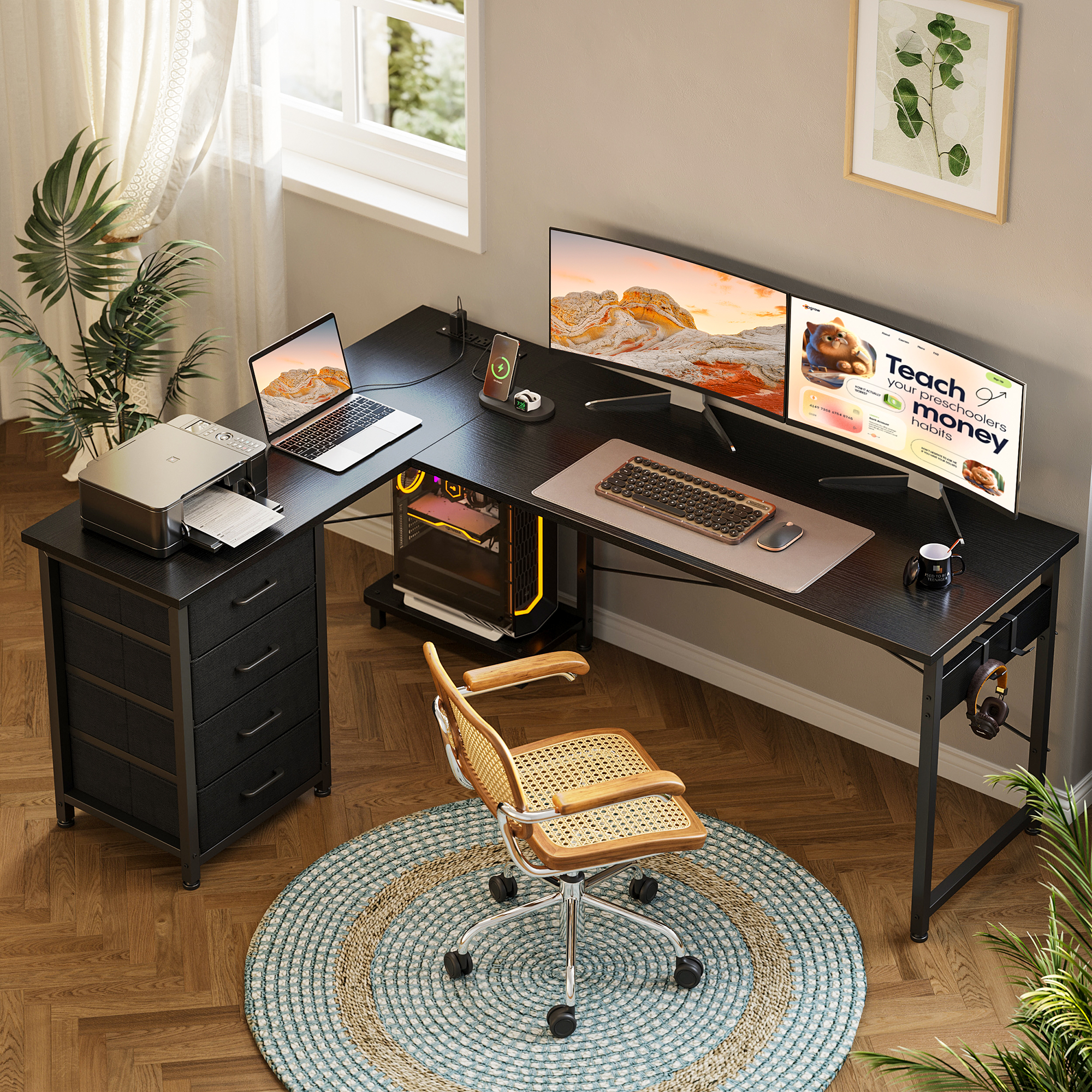 Casacomoda L Shaped Computer Desk with Charging Station , 61 inch PC Table Study Desk 4 Tier Drawers, Modern Simple Style Laptop Desk for Bedroom, Black