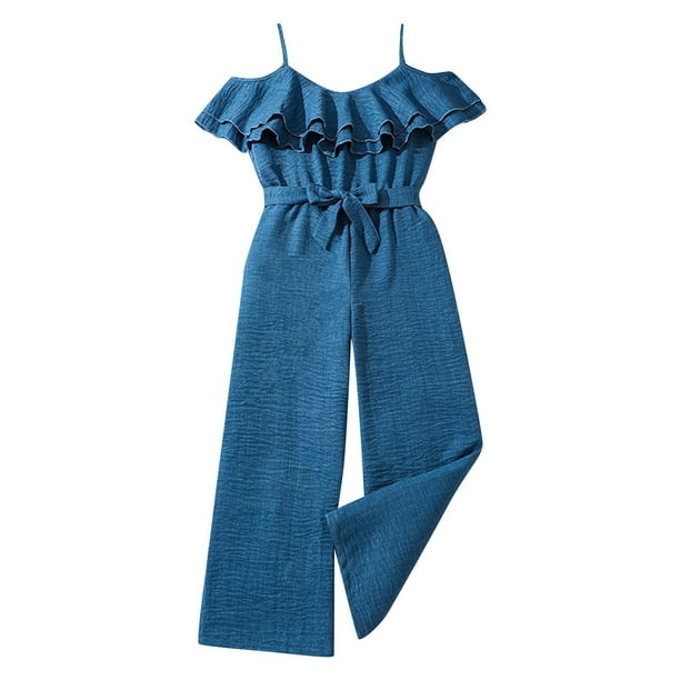 Odeerbi 8-13 Años Niñas Verano Pierna Ancha Rompers Ruffle Algodón Jumpsuit Color Sólido Sin Mangas Encaje Casual Cómodo Tirante Pantalones