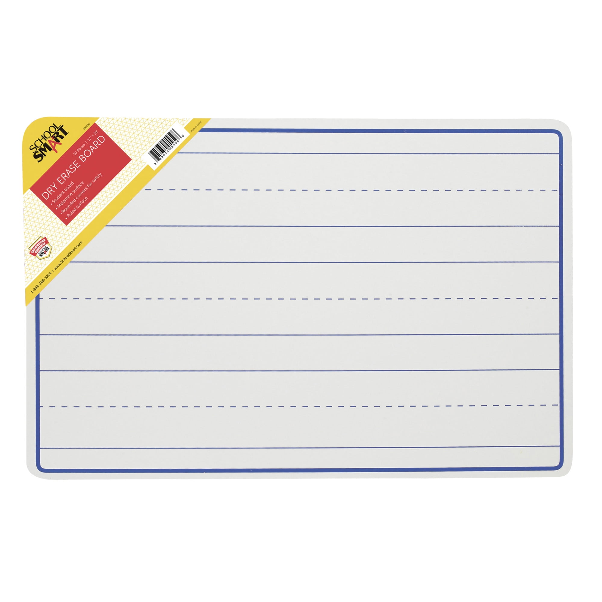 School Smart Dry Erase Pupil Boards, Ruled, 12 x 18 Inches, White, Pack