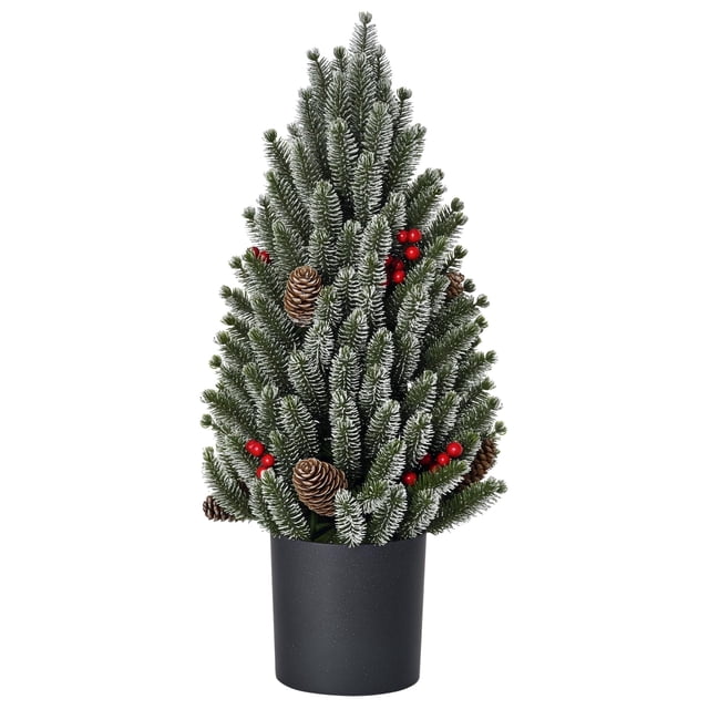 Árbol de Navidad Artificial Miniatura de 18" de Altura con Nieve Artificial, Decoración Navideña con Piñas y Bayas