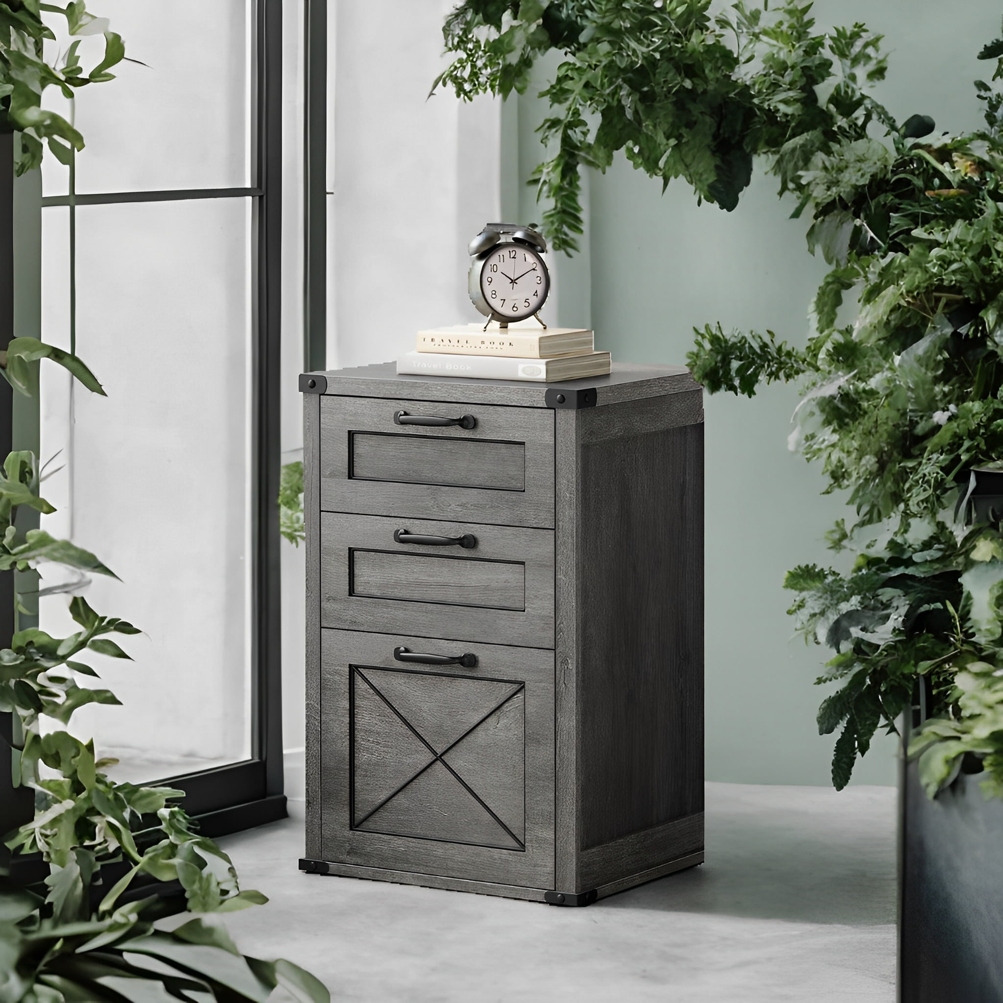LEDREM 3-Drawer File Cabinet, Farmhouse Style Printer Stand for Home Office, Holds A4 Letter Files, Silent Slides & 110lb Capacity, Misty Gray