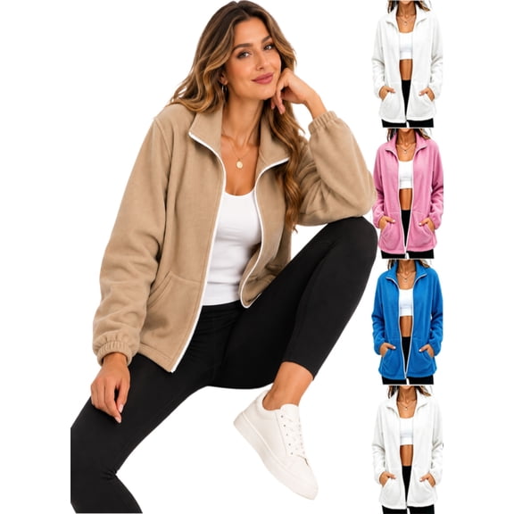 APEXFWDT Women Full Zip Lightweight Fleece Jacket Stand Collar Long Sleeve Casual Coat Soft Light Layering Outerwear with Pockets
