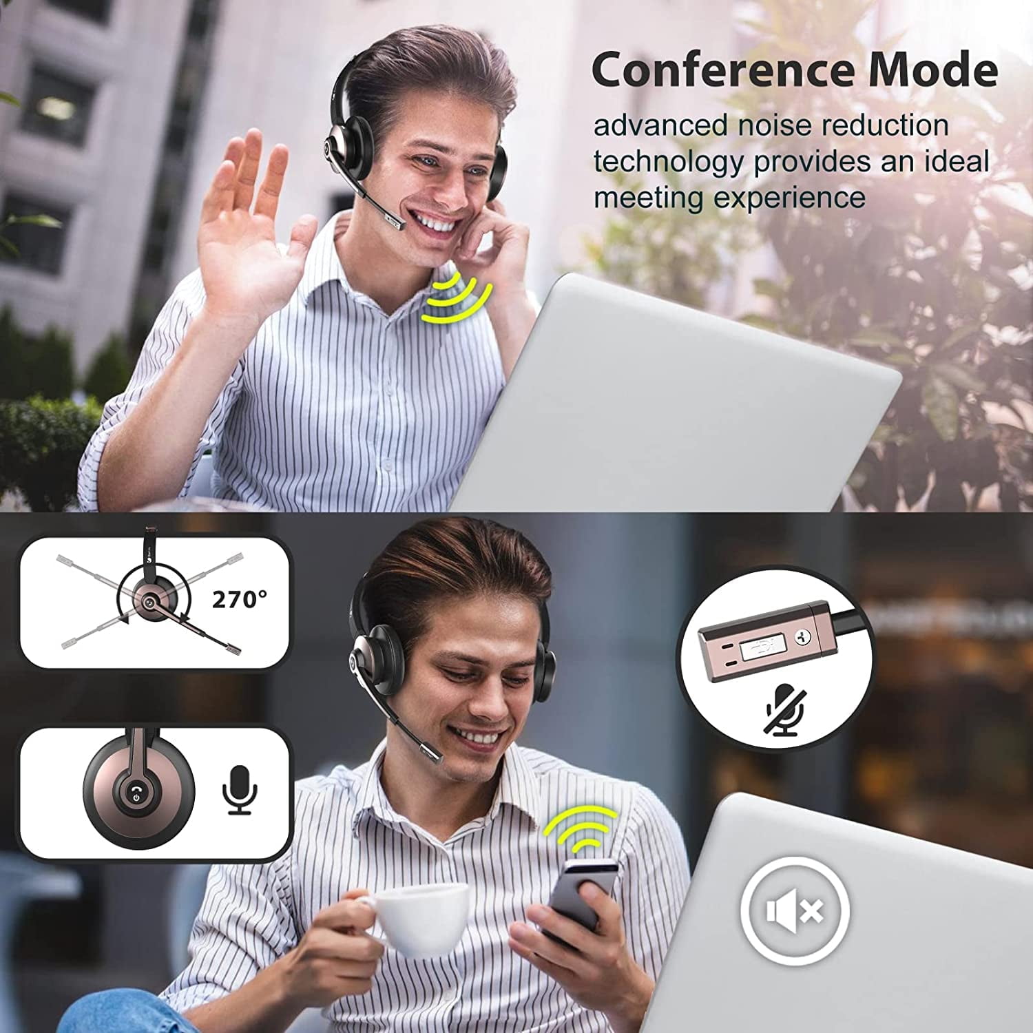 MUSICOZY Bluetooth Headset with Microphone, Wireless Headphones with Noise Cancelling Mic, 26hrs talktime, On Ear Headphones with Mic Mute for Mac/Laptop/Zoom/Teams/Call Center/Office/Home Rose Gold