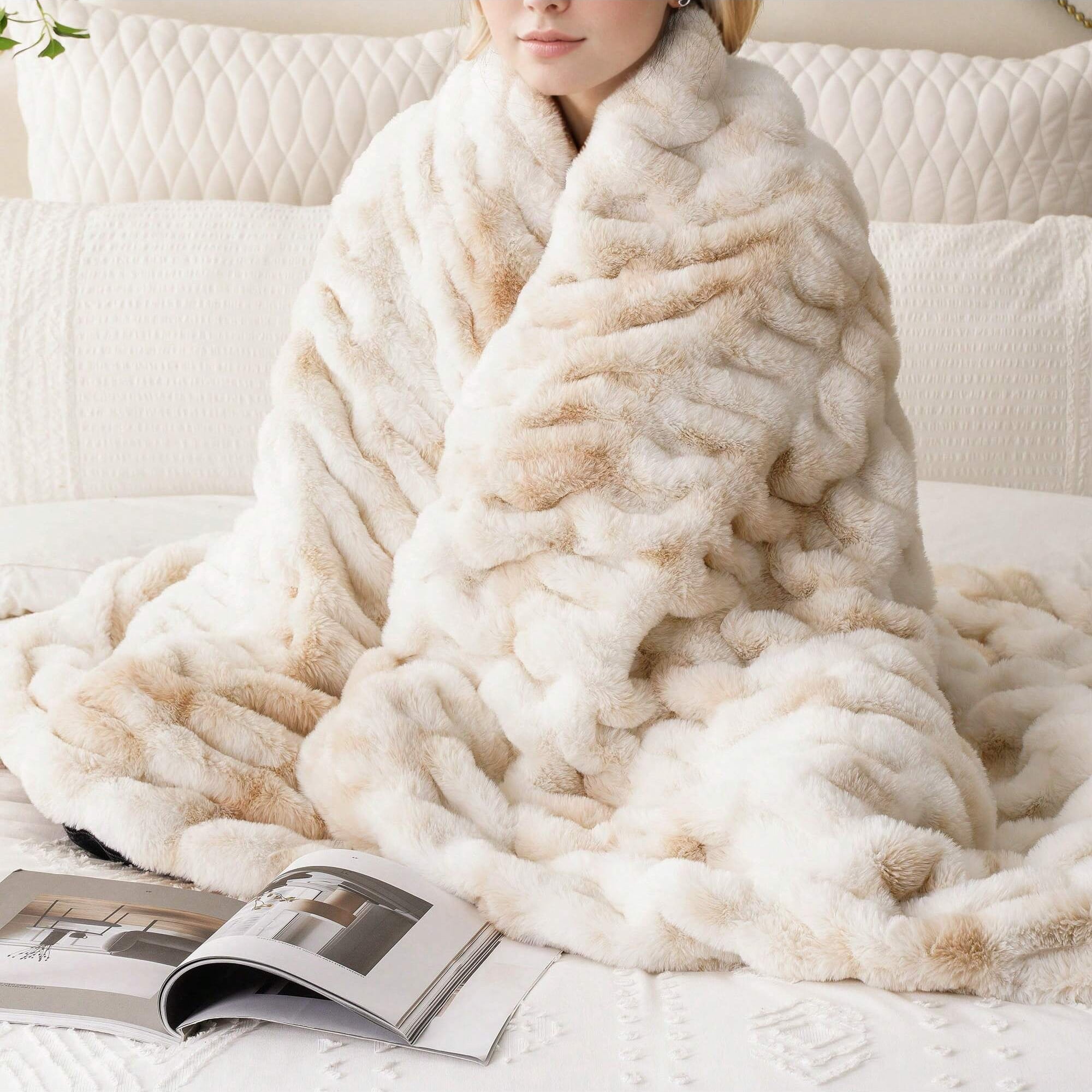 Battilo Ruched Faux Fur Throw Blanket,Beige Rabbit Faux Fur Blanket for Couch, Living Room,50"x60"