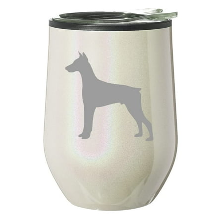 

Stemless Wine Tumbler Coffee Travel Mug Glass With Lid Gift Doberman (Pearl Glitter)