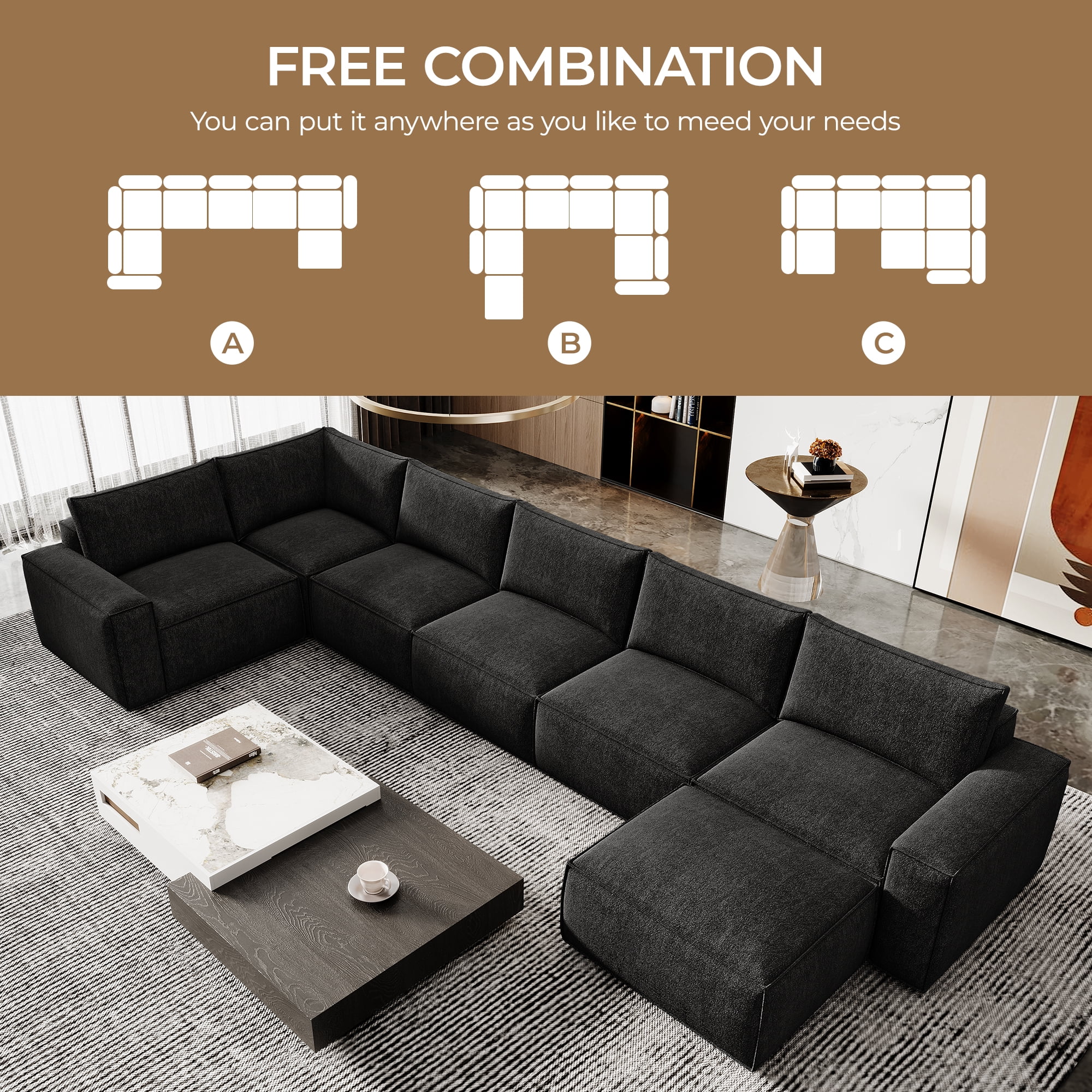 175" Oversized Boneless Couch for Living Room, Neche Modern Modular Sectional, Convertible, U Shaped, Deep Seat, Big Comfy Sofa Set with Ottoman,Black