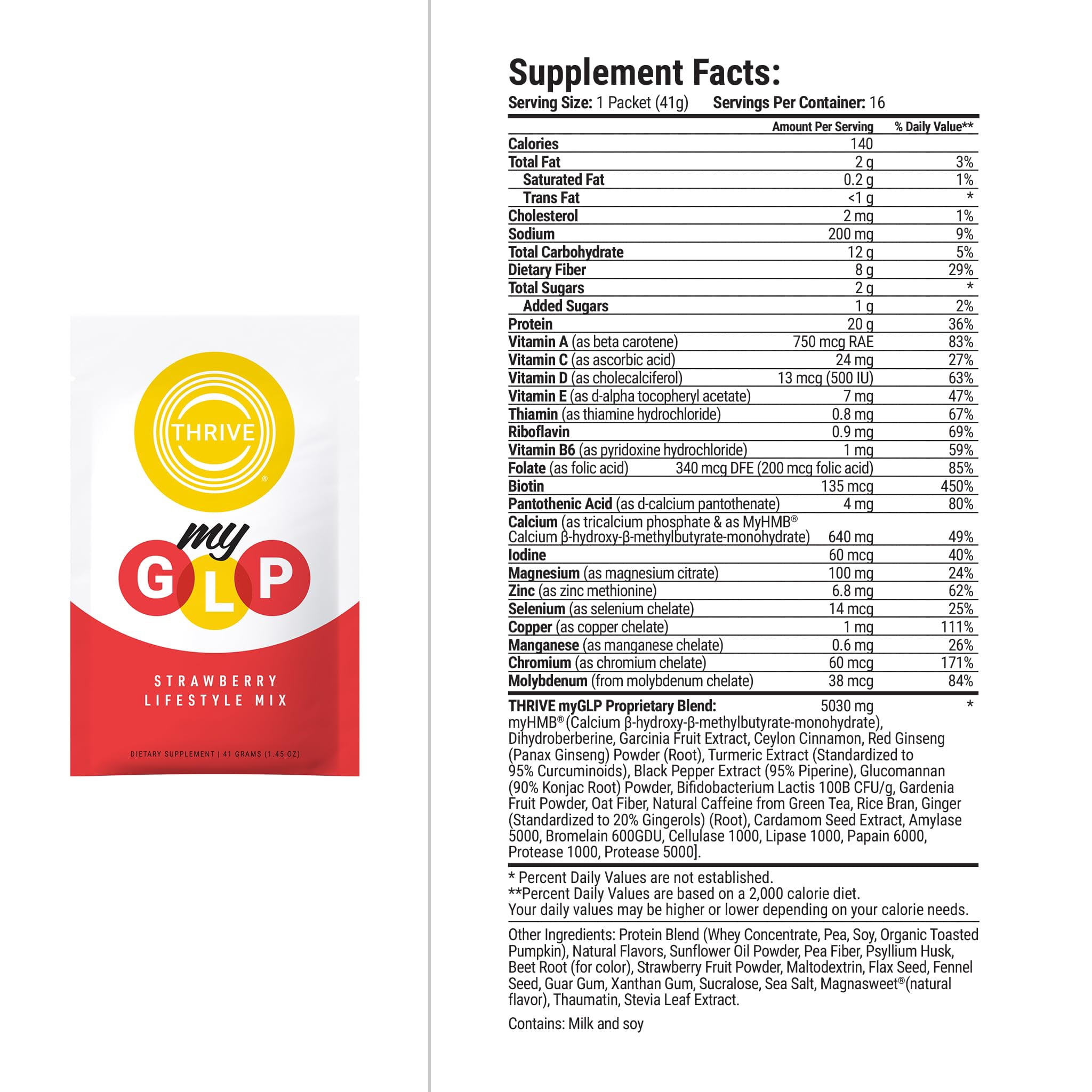 Le-Vel Thrive myGLP – Advanced Metabolic & Muscle Support with myHMB®, Berberine, and Probiotics – Vegan-Friendly Protein + Fiber Blend, 16 Packets (16 Packets (1.5 Pounds), Strawberry)