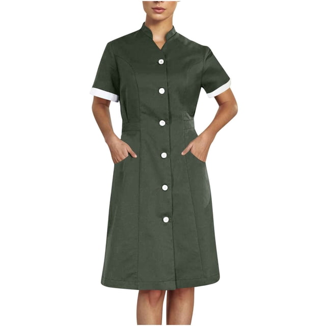 Xfvqtps Robe d'Infirmière pour Femmes avec Poches Bouton Manches Courtes Col Montant Robe de Travail Vert Olive