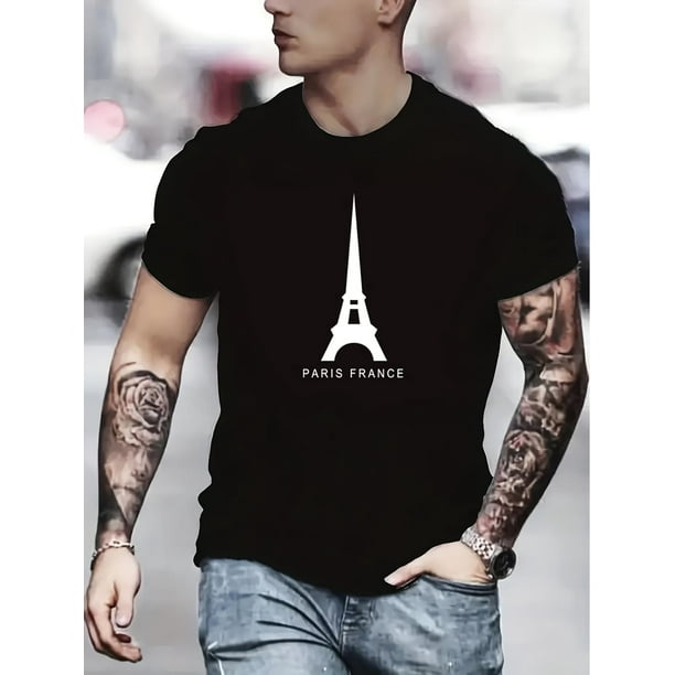 Paris Eiffel Tower Graphic Print Men's Creative Top, Casual Short Sleeve Crew Neck T-shirt, Men's Clothing For Summer Outdoor