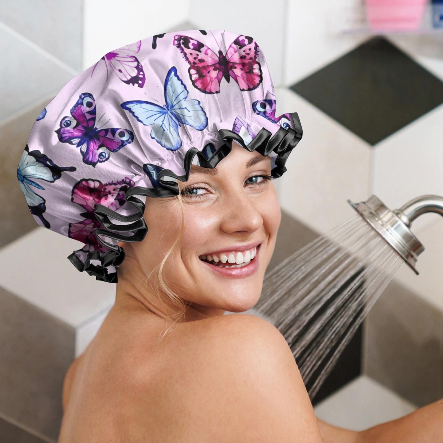 Shower Caps,Pink Butterfly Pattern Waterproof Shower Cap for Women 4 Pieces,Double Reusable Hair Cover for Shower PEVA Elastic Stretch Hem
