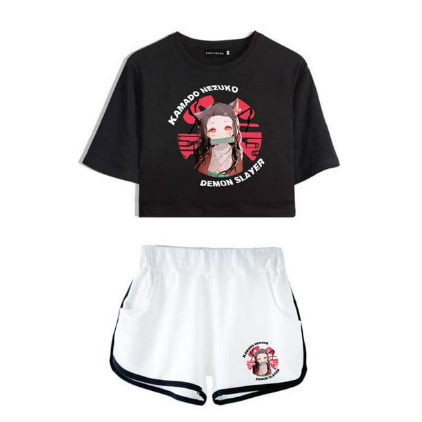 Taicanon Anime Demon Slayer Kamado Nezuko Outfits Crop Top T Shirt And Shorts Set For Women Girls Black White Xl Walmart Com Walmart Com