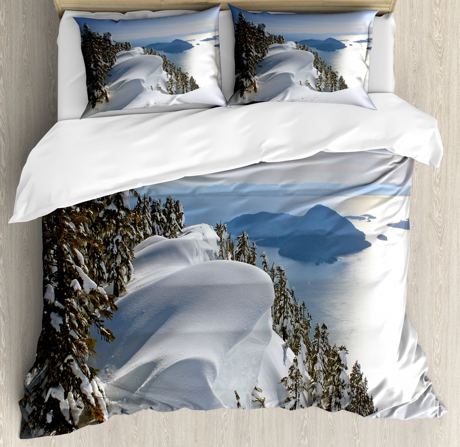 Winter Queen Size Duvet Cover Set, Pacific Ocean Meets the Mountains