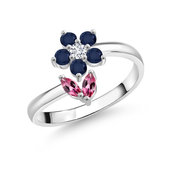 Gem Stone King 925 Sterling Silver Pink Tourmaline Blue Sapphire and White Lab Grown Diamond Flower Open Ring for Women (0.51 Cttw, Gemstone October Birthstone, Size 8)