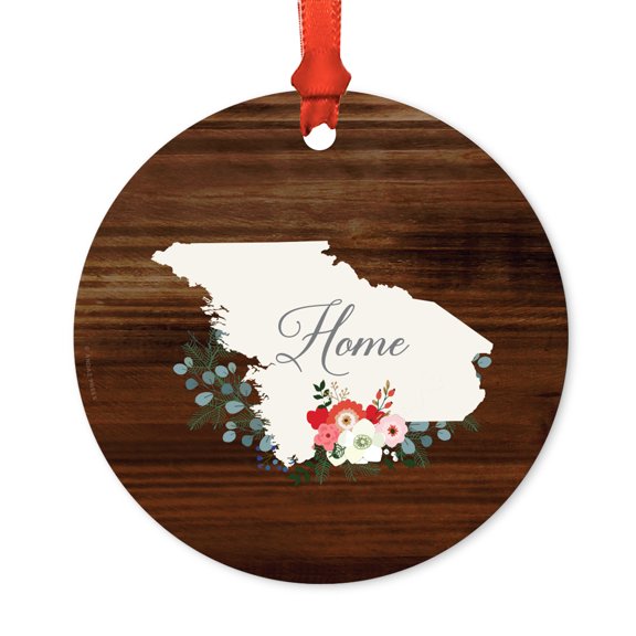 US State Round Metal Christmas Ornament, Rustic Wood with Florals Home, Maine, Includes Ribbon and Gift Bag