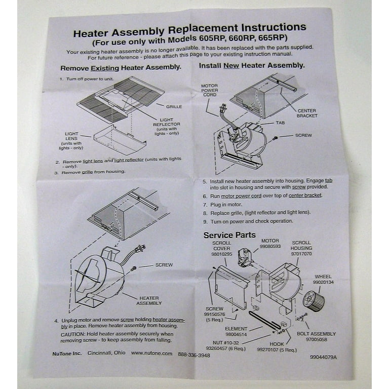 Nutone 665rp Replacement Parts BROAN-NUTONE S97017648 OEM