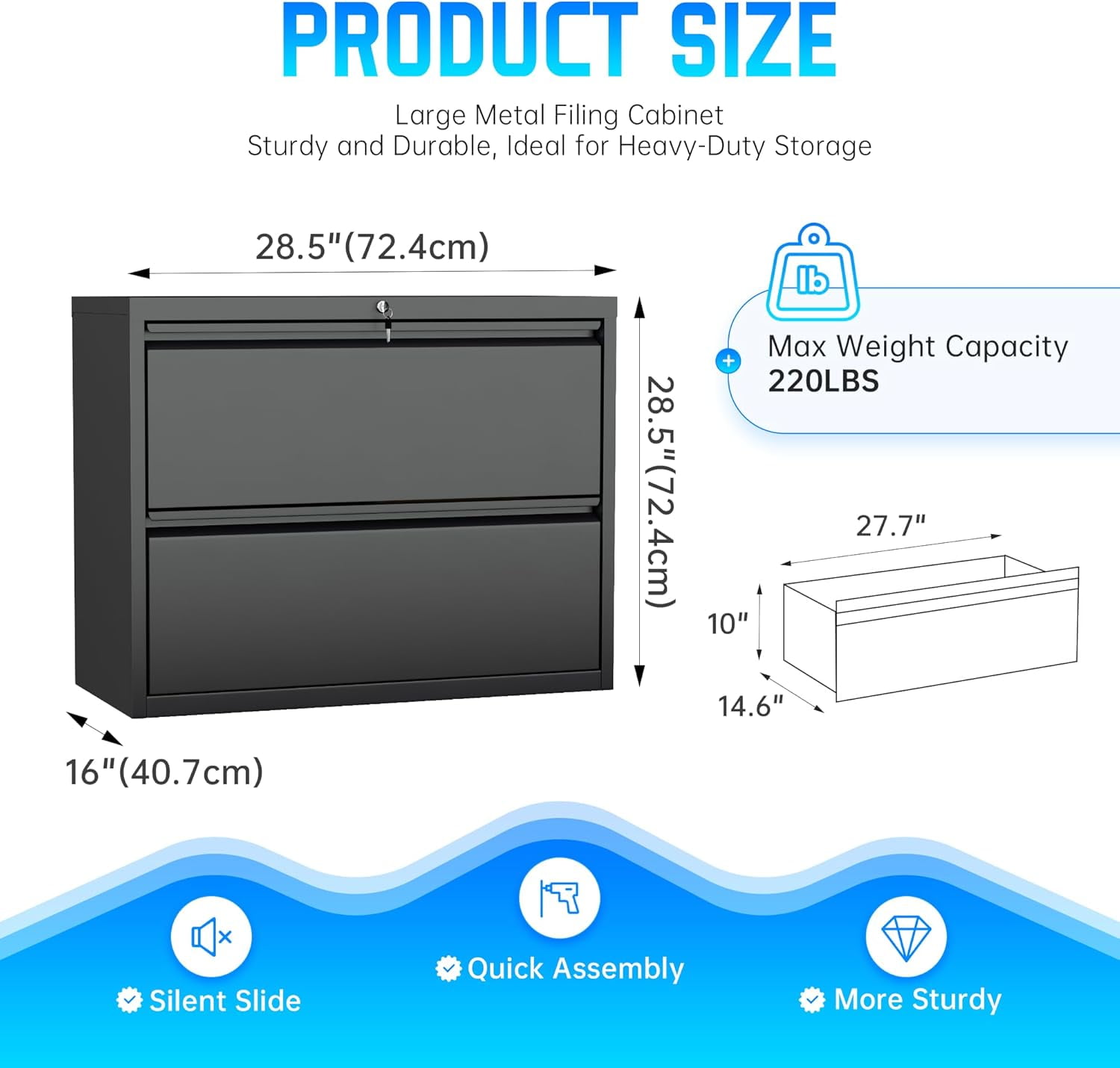 SOLAURA Lateral File Cabinet 2 Drawer, Black Metal File Cabinets for Home Office, Locking File Cabinet for Letter/Legal/F4/A4 Size, Need Assembly